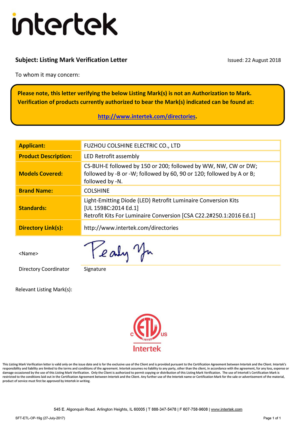 ETL for led retrofit assembly