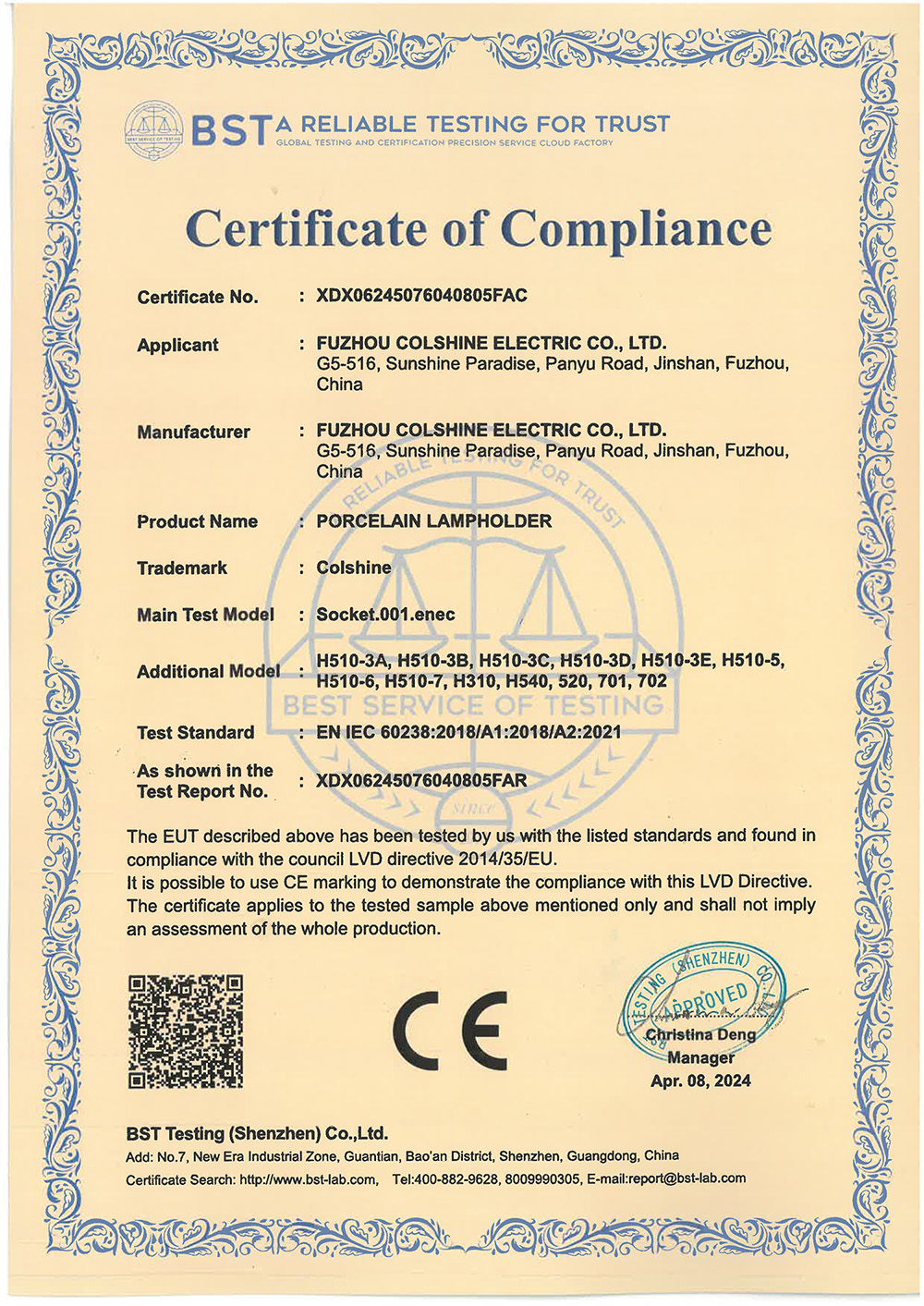 CE Certification for Porcelain Lampholder